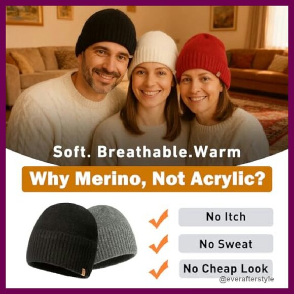 Oversized Merino Wool Beanie Satin Lined Cuffed Fisherman Hat Unisex Winter
